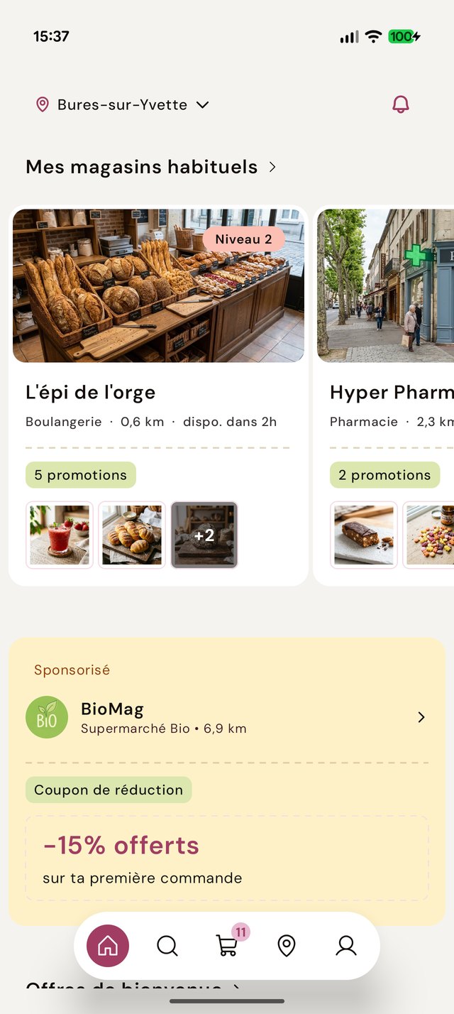 Le même accueil, plus bas : la carte d'une boulangerie avec sa photo, sa distance, son niveau de fidélité, ses cinq promotions en cours et un aperçu des produits concernés.